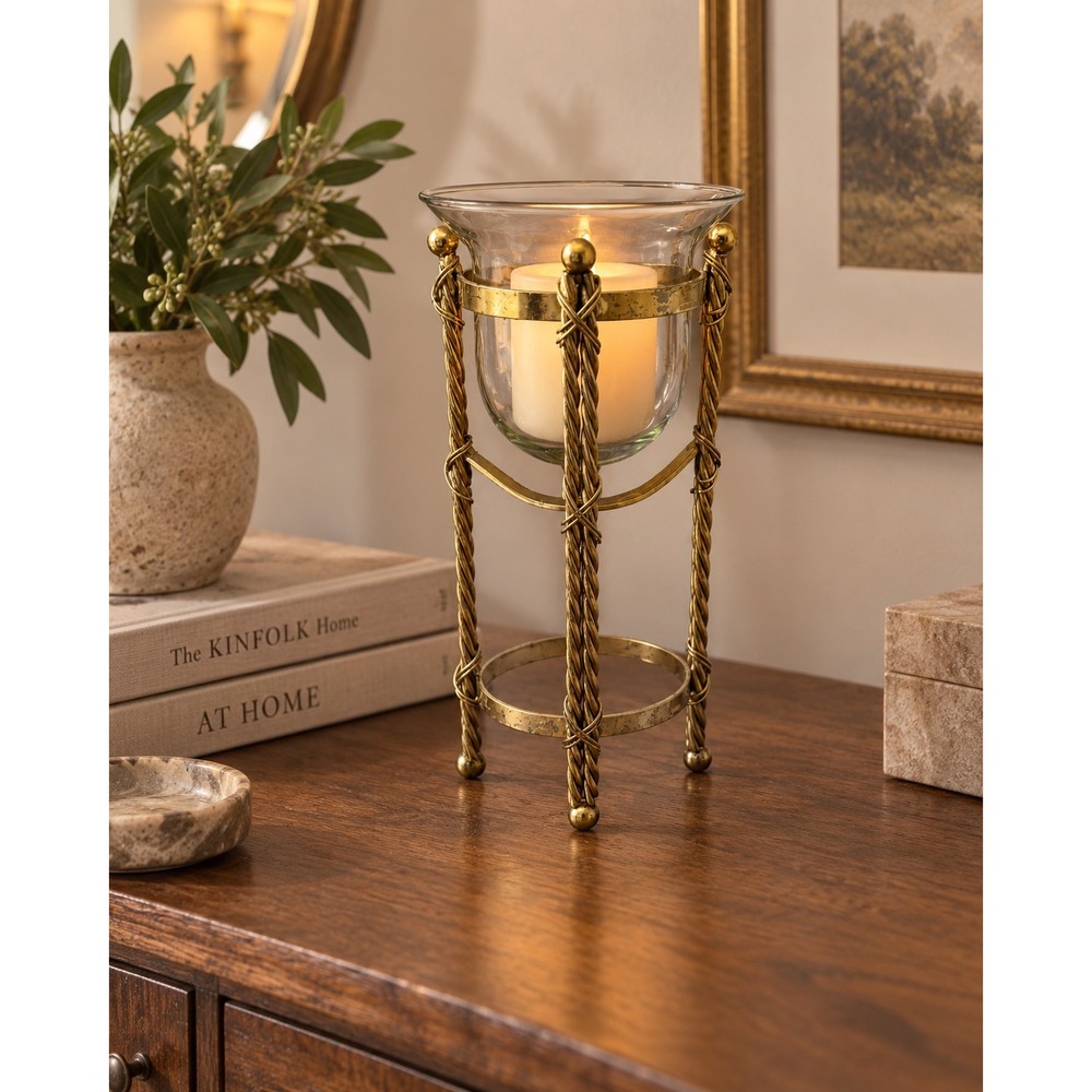 Vtg Gold Twisted Metal Hurricane Candle Holder Glass Insert 11" Regency Decor